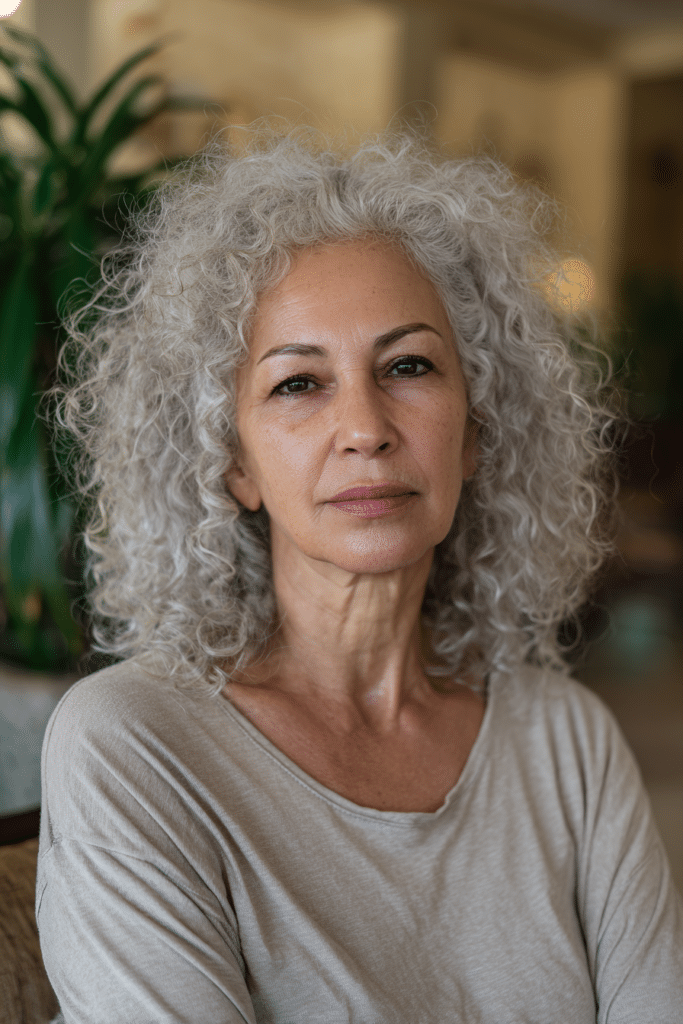 Curly shoulder-length silver hair with soft defined curls