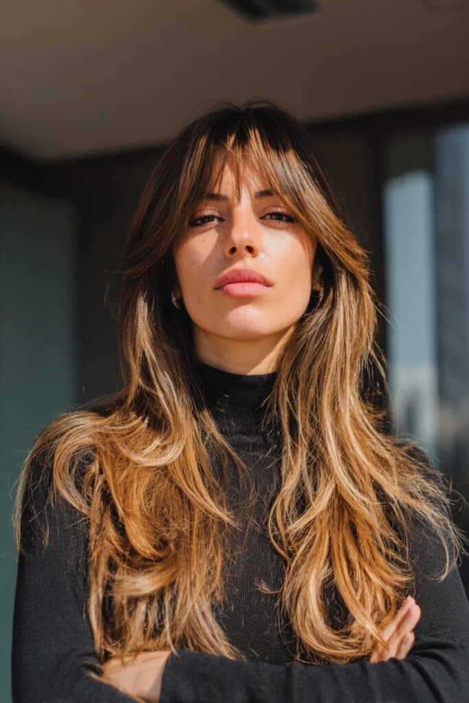 Curtain bangs with long layered haircut framing the face