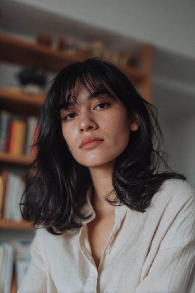 Medium-length hairstyle with curtain bangs for women.