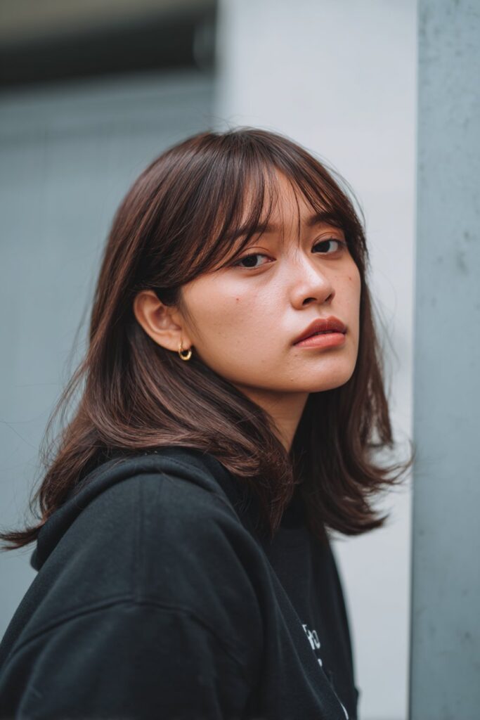 Side part curtain bangs on straight hair with balayage highlights