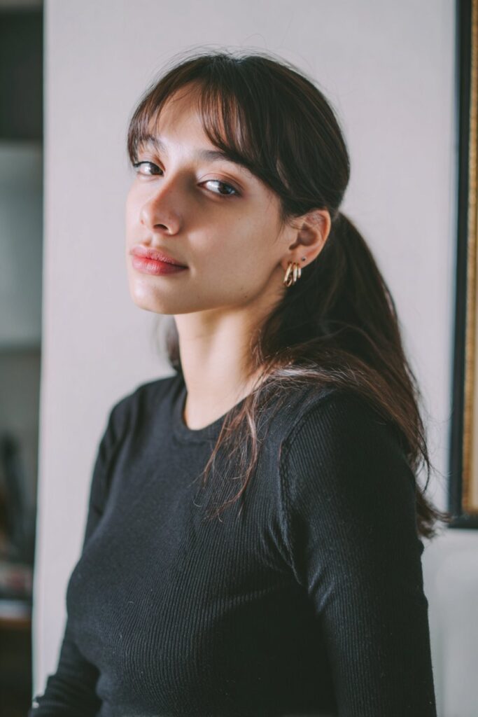 Straight hair styled in a sleek ponytail with side part curtain bangs