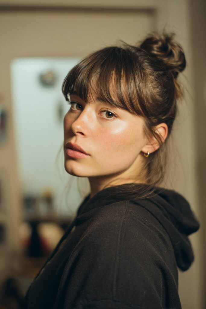 Straight hair with side part curtain bangs styled in a top knot
