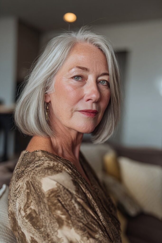 Ear-length bob with side part for women over 60, simple wash and wear style