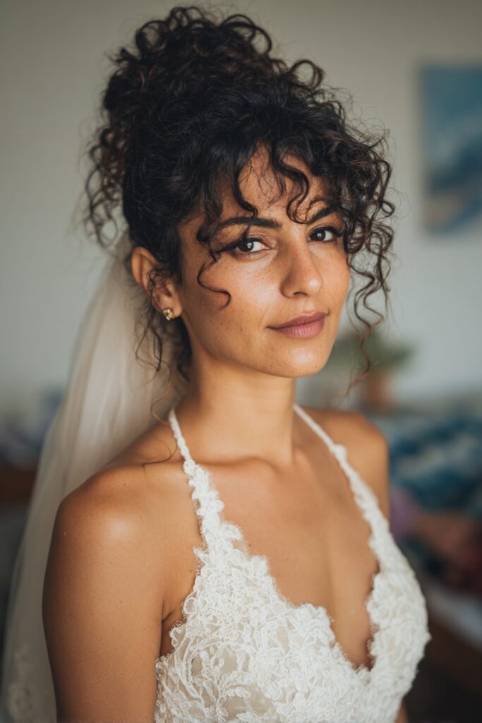 15 Stunning Messy Curly Updo Hairstyles for Weddings 13 Elegant curly bun updo with veil