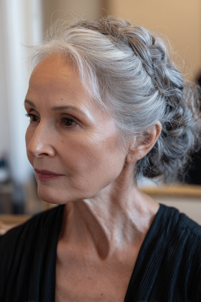 Elegant silver braided updo for a polished formal look