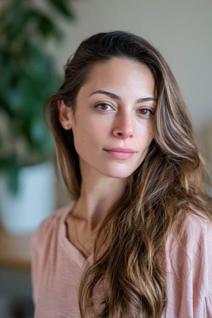 Medium-length hairstyle with face-framing layers.