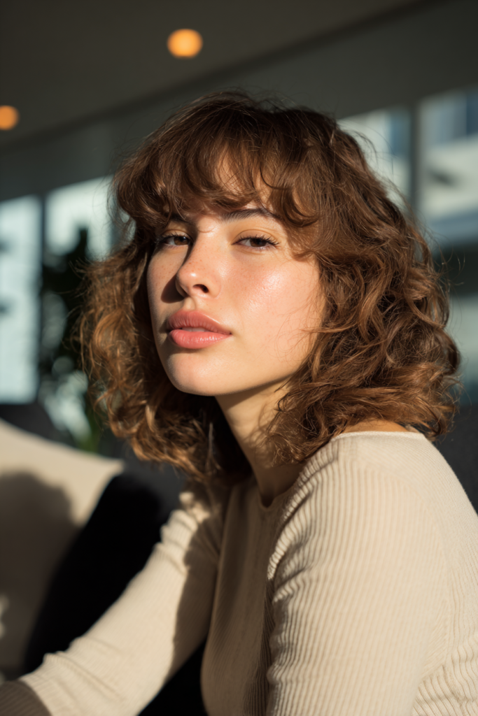 Shoulder-length curly hair with feathered bangs