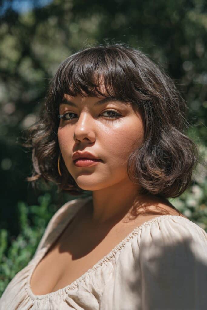 Feathered bob with curtain bangs for women with fat face and thin hair