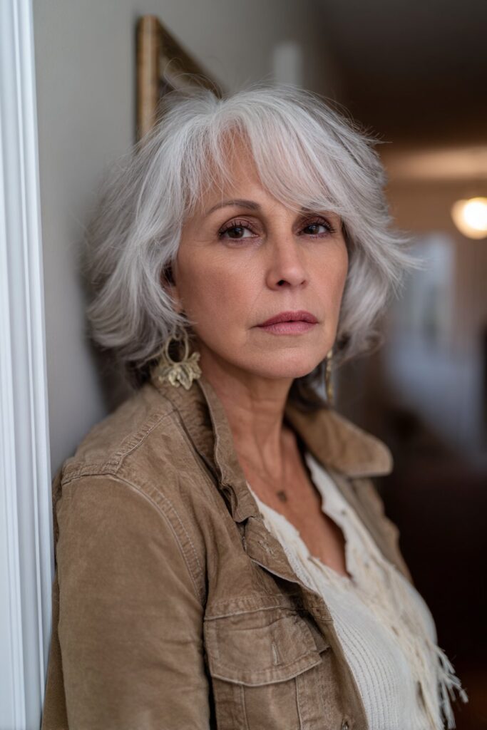 Feathered bob with side-swept bangs elegant old money look