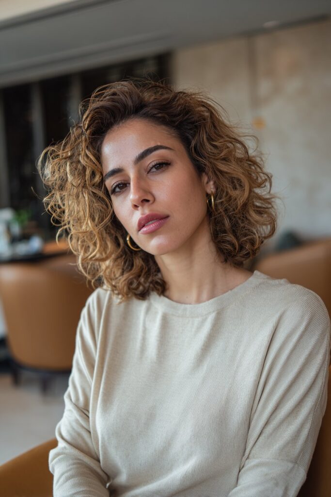 Feathered curly shag hairstyle with soft ends