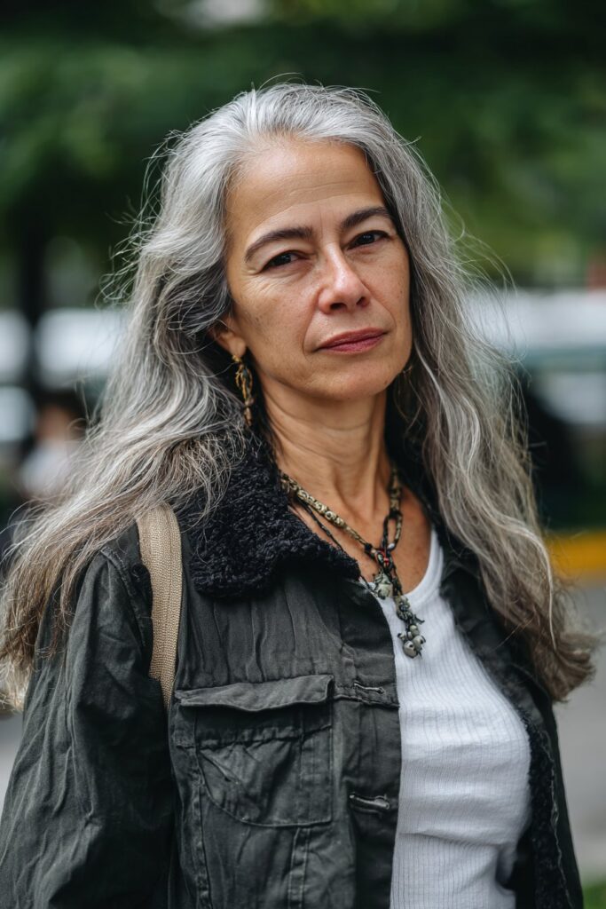 Feathered gray layers hairstyle for mature women