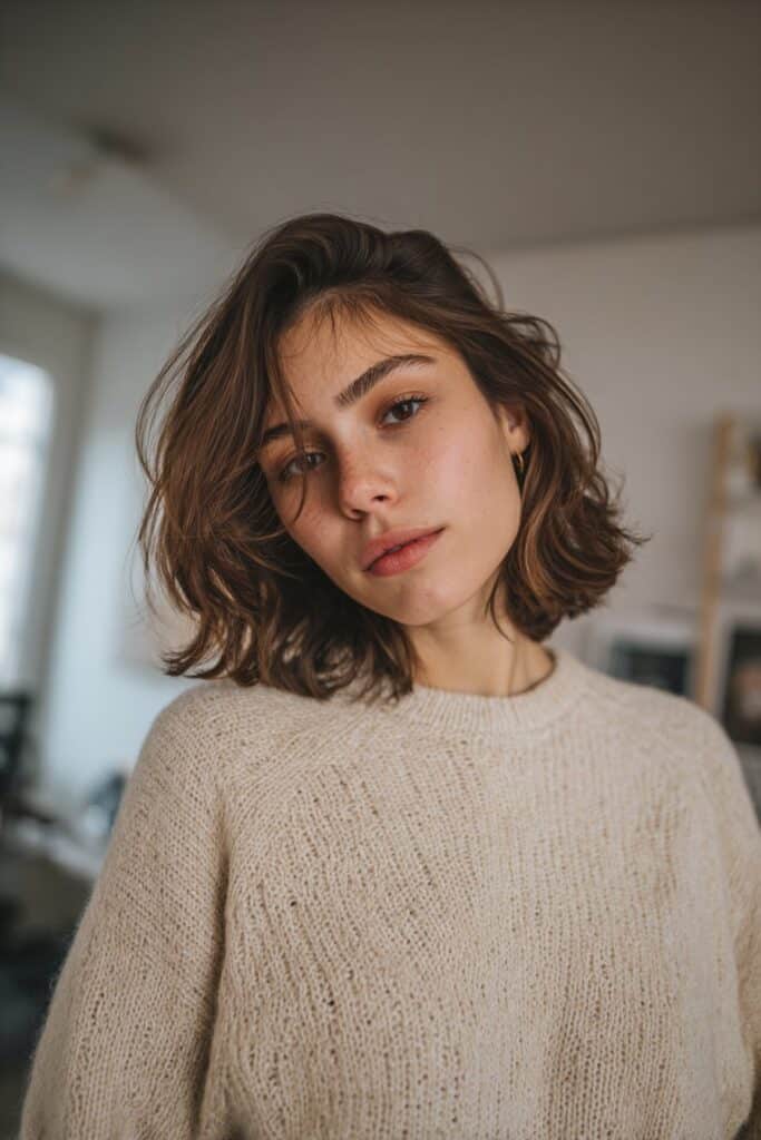 Feathered mid-length haircut for women with layers.