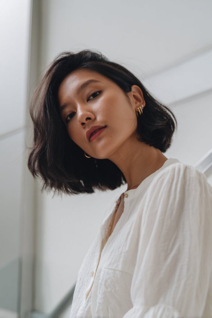 Flipped ends bob hairstyle for medium-length hair.