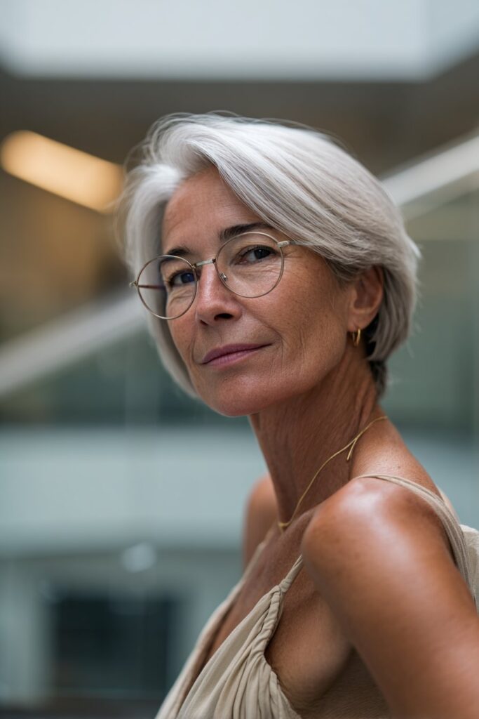 French bob with wispy fringe for mature women over 70 with glasses