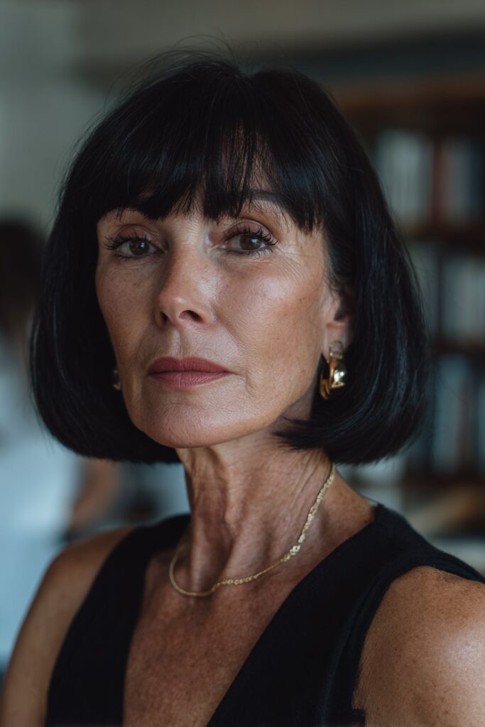 Glossy jet black bob with micro bangs in old money style