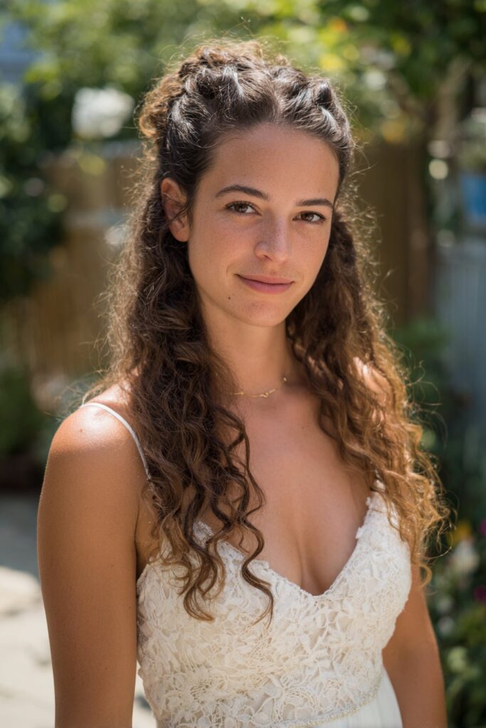 15 Stunning Messy Curly Updo Hairstyles for Weddings 6 Half-up curly bun with loose waves