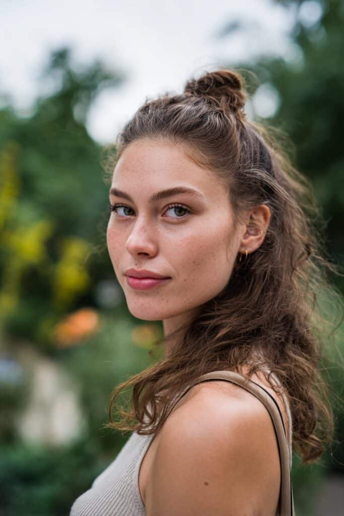 Medium-length half-up half-down hairstyle for women.