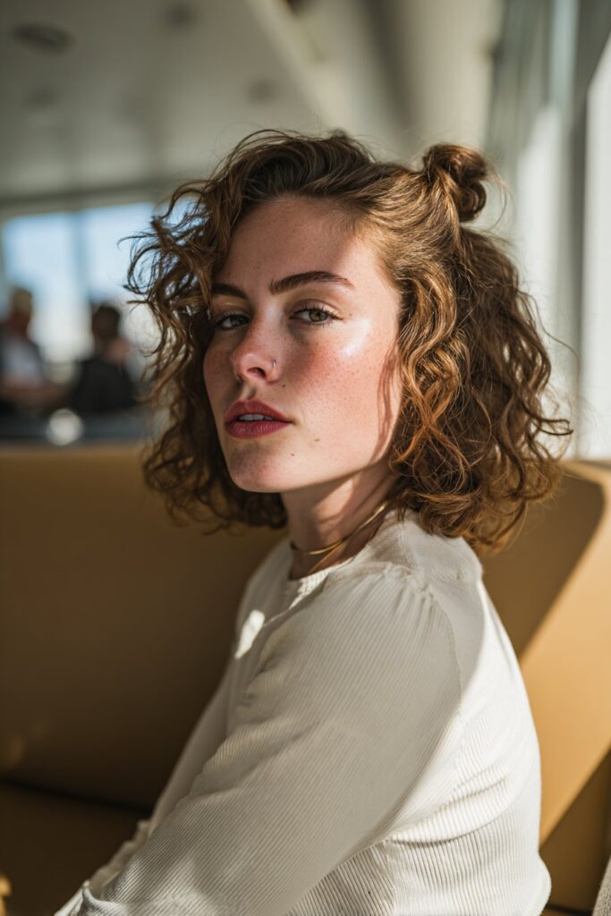 12 Gorgeous Updos for Curly Shoulder Length Hair 5 Half-up space buns hairstyle