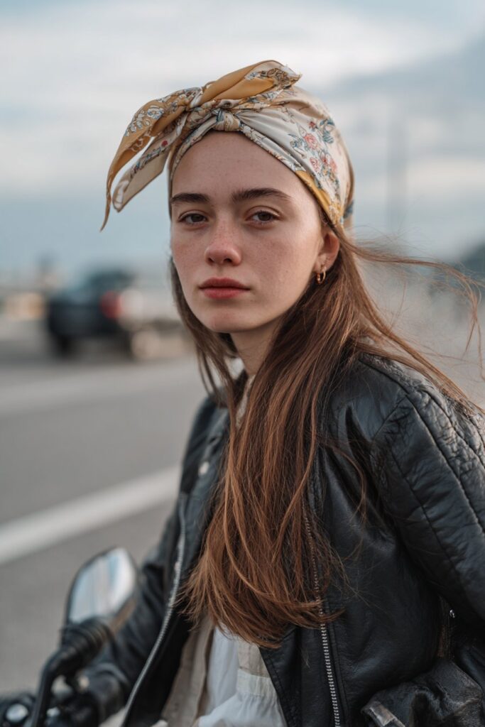 Head scarf wrap hairstyle for female biker casual look