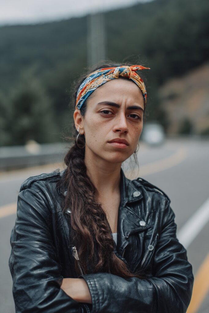 Headband braid hairstyle for female biker with hair pulled back