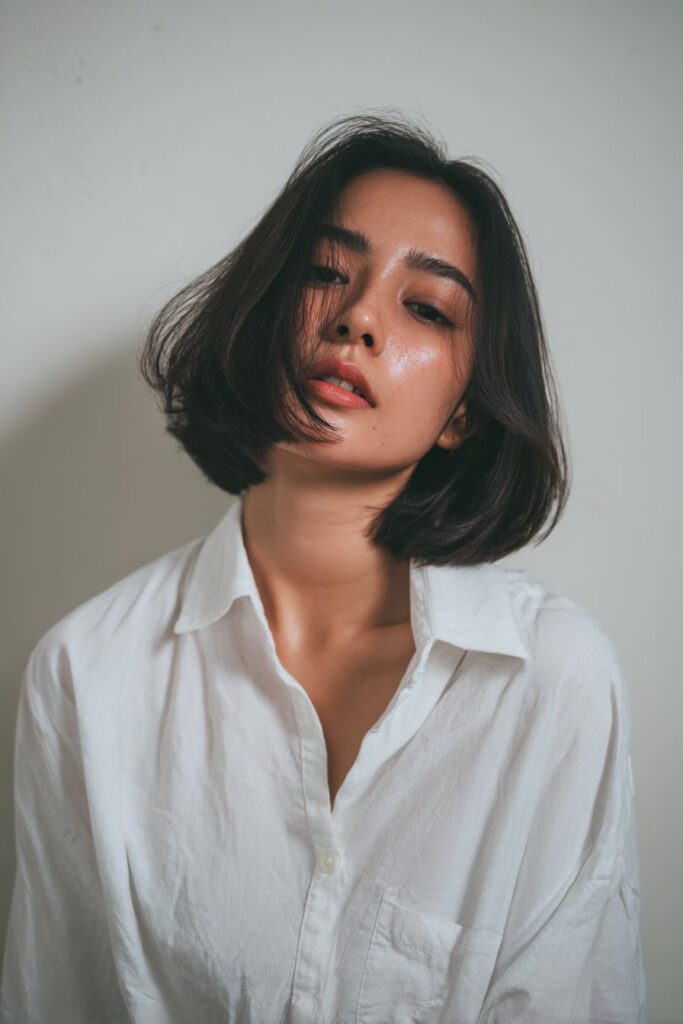 Inverted bob haircut for women with medium-length hair.