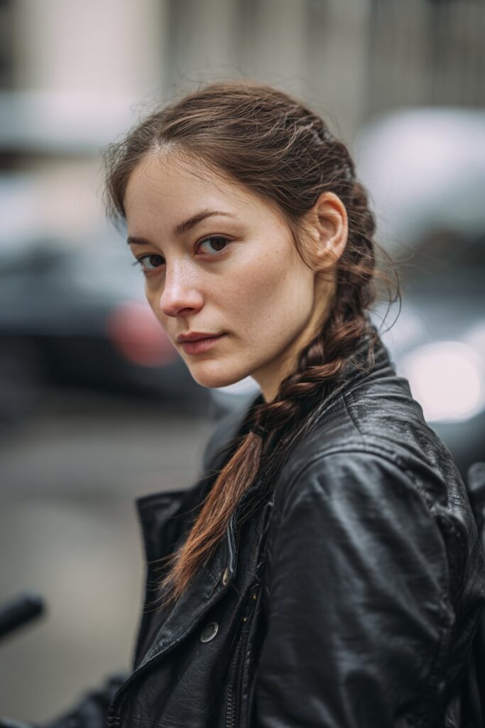 Katniss slanted braid hairstyle for women biker style