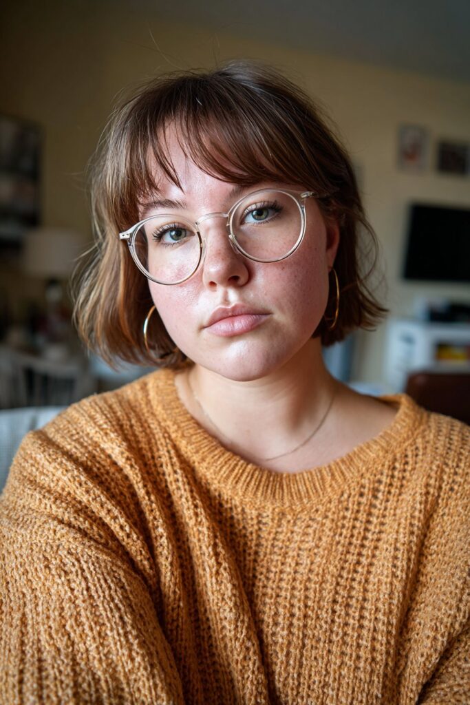 Layered bob haircut with side bangs for women.