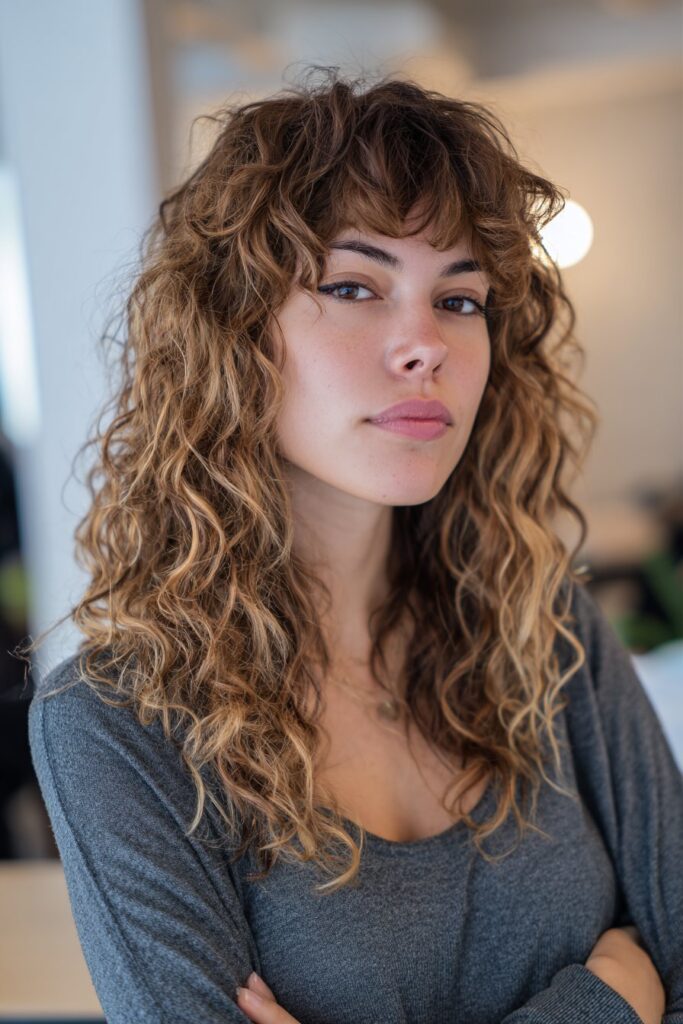 Layered curly shag hairstyle with bangs