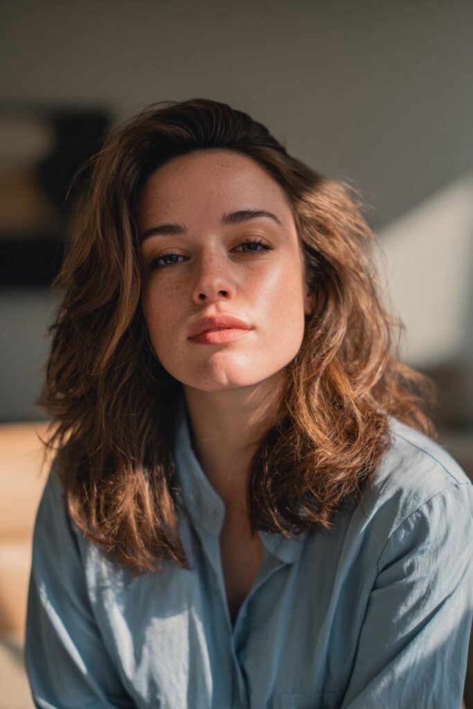 Layered lob hairstyle for women with medium-length hair.