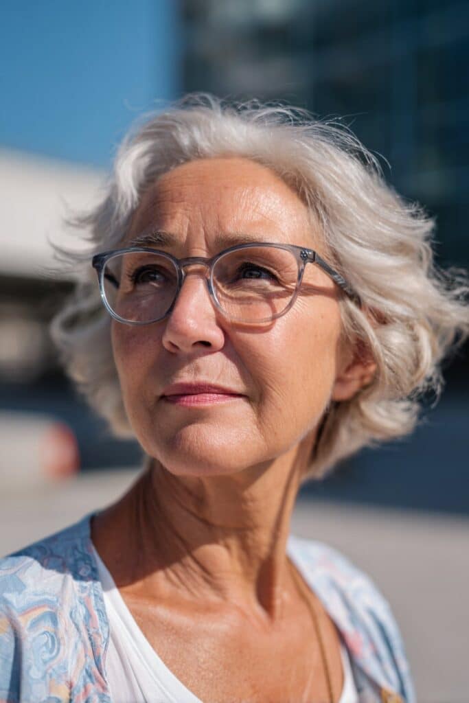 Layered pixie bob haircut for women over 70 wearing glasses