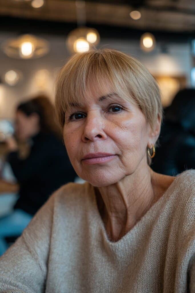 Layered pixie cut with long bangs framing the face