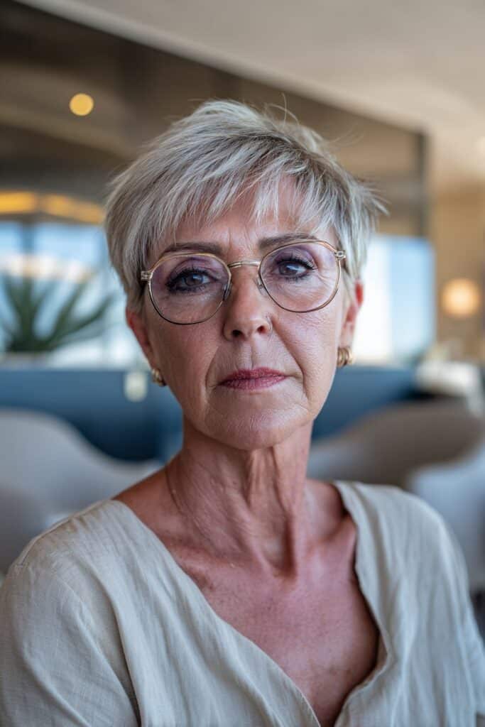 Layered pixie hairstyle with side-swept bangs