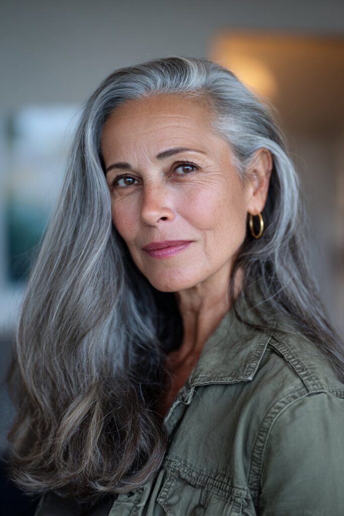 Long gray hair with face-framing layers for mature women