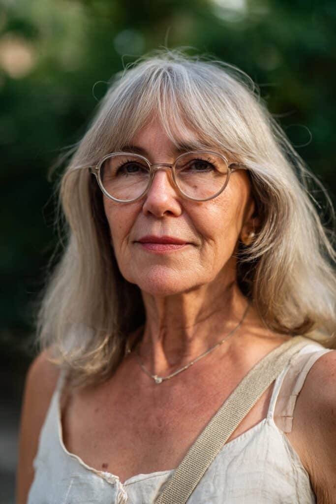 Long layered haircut with fringe for mature women over 70 with glasses