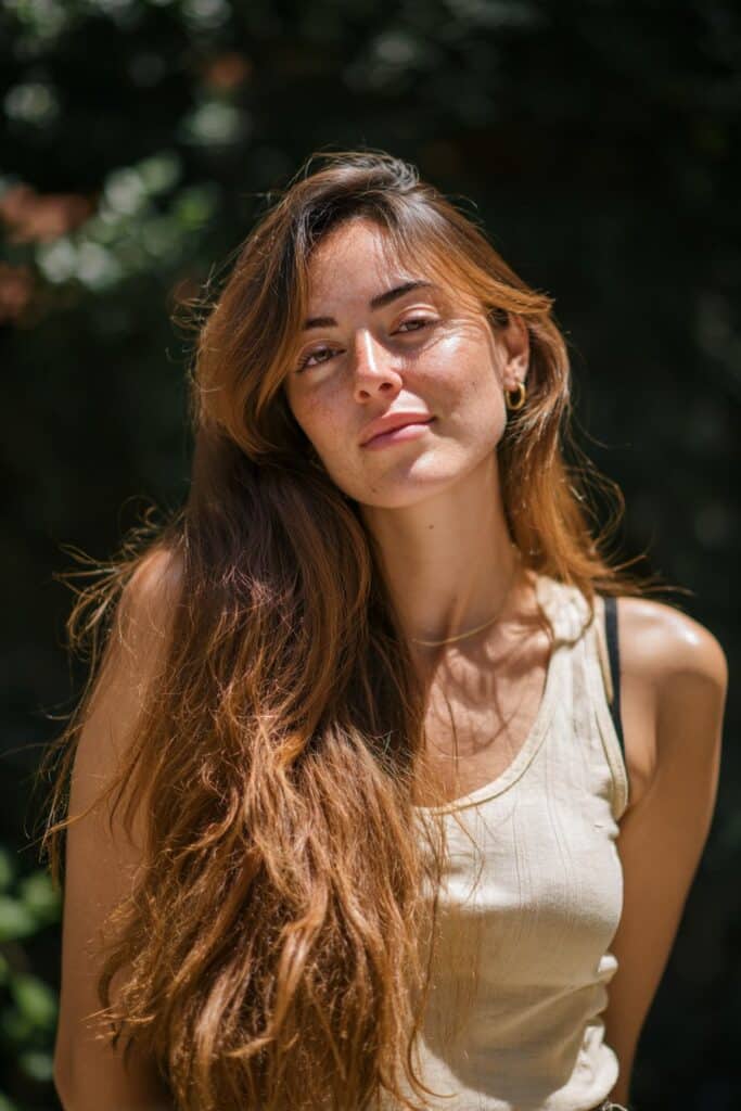 Long layered bob with curtain bangs framing the face