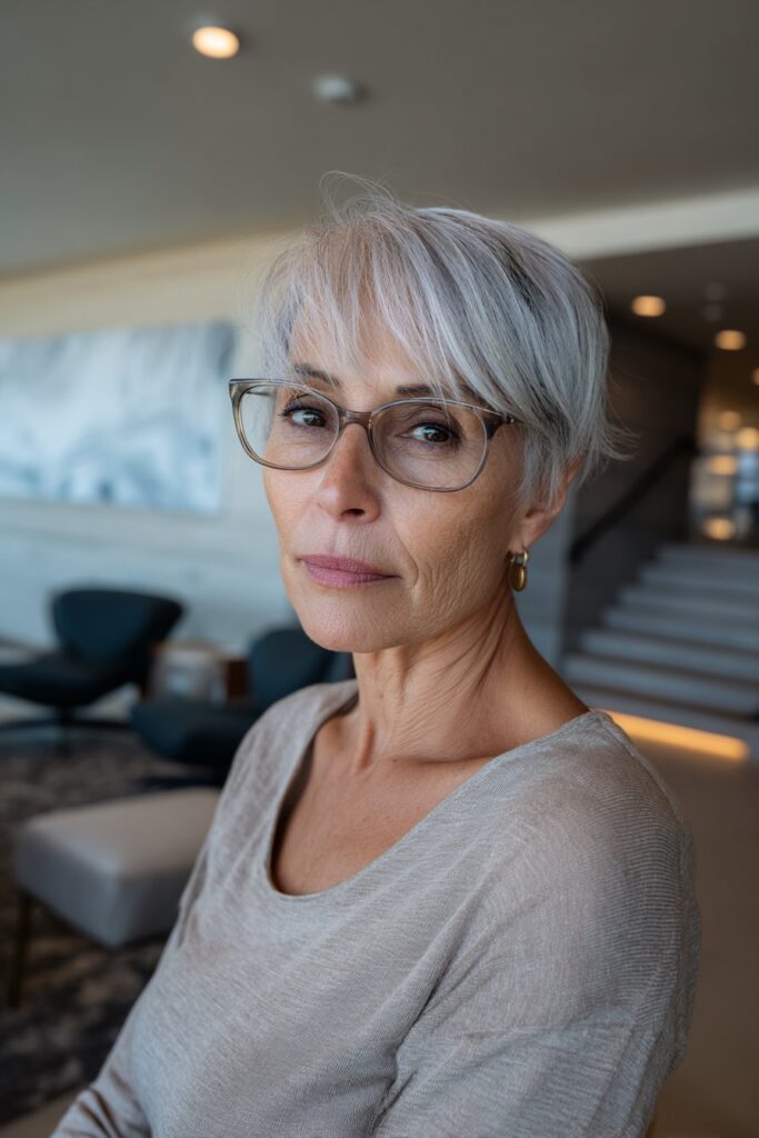 Long pixie hairstyle with side-swept fringe