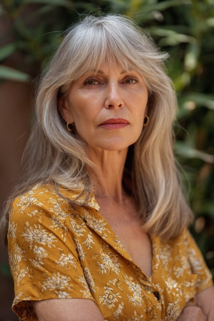 Long shag with curtain bangs sassy hairstyle for older women