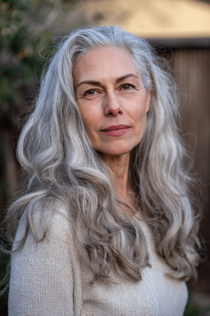 Long wavy silver hair with soft texture and natural shine