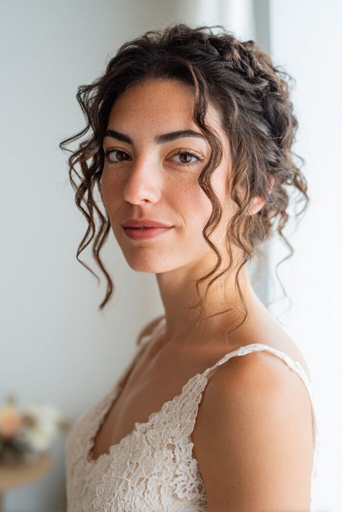15 Stunning Messy Curly Updo Hairstyles for Weddings 3 Loose curly updo with braided crown