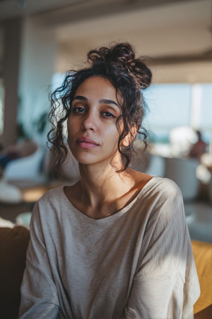 12 Gorgeous Updos for Curly Shoulder Length Hair 1 Low messy bun hairstyle