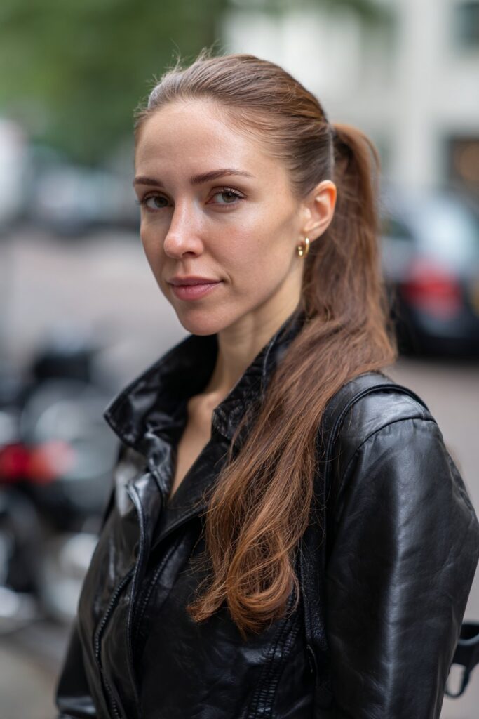 Low ponytail hairstyle for women biker look