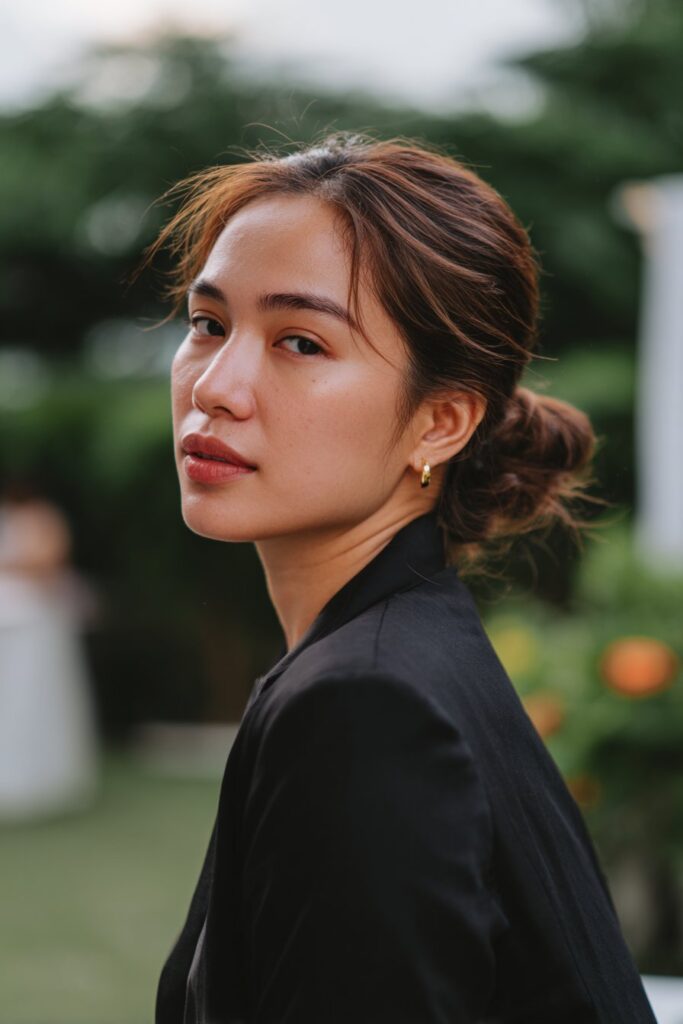 Bridesmaid side hairstyle low side bun with face-framing strands