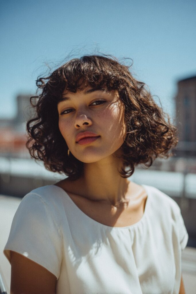 Medium curly bob haircut with bangs