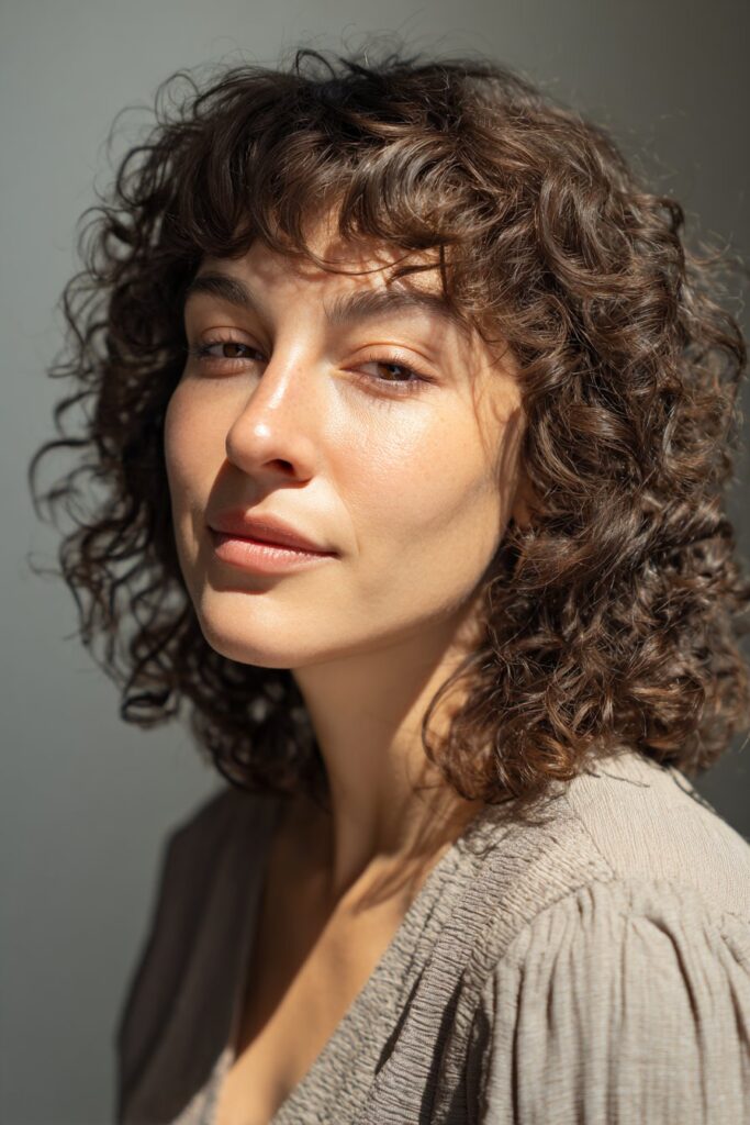 Medium curly haircut with baby bangs