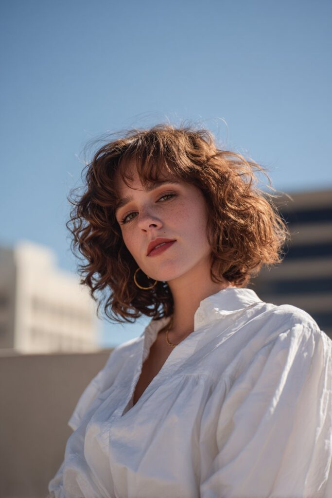 Medium curly haircut with curtain bangs