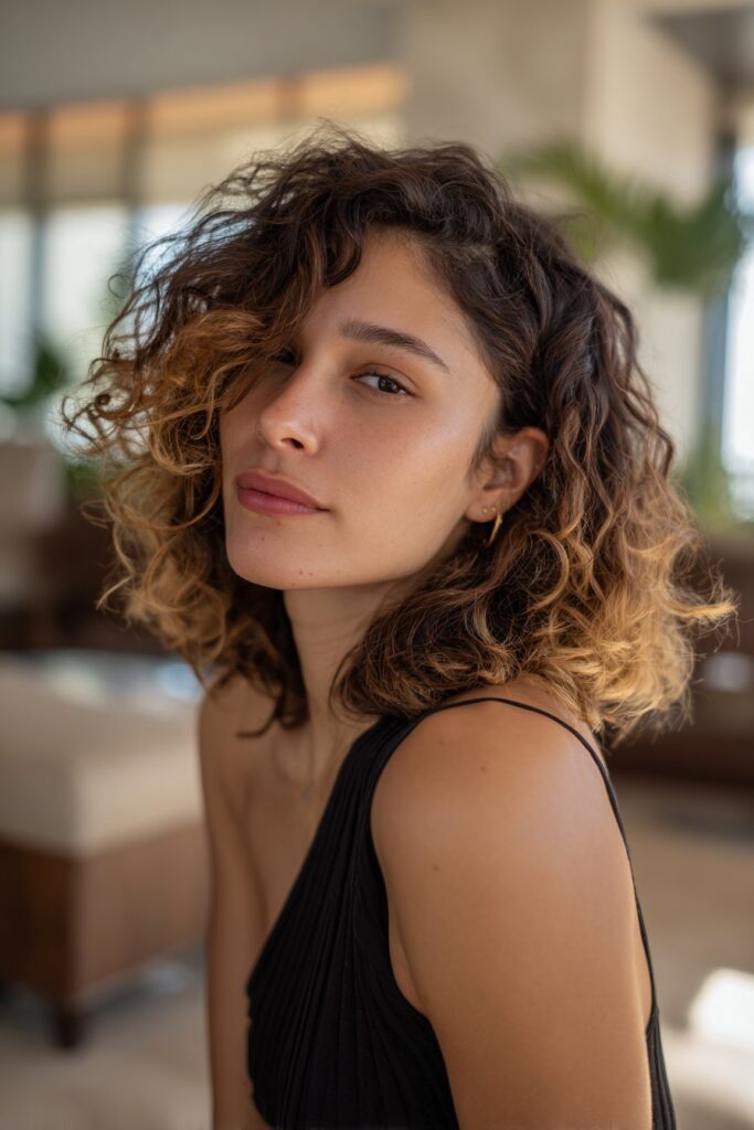 Medium curly shag haircut with face-framing layers