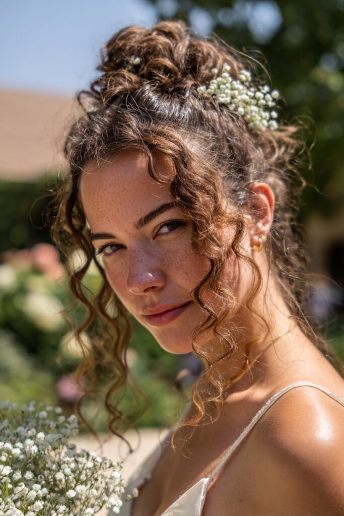 15 Stunning Messy Curly Updo Hairstyles for Weddings 9 Messy curly bun with baby's breath flowers