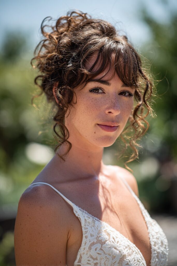 15 Stunning Messy Curly Updo Hairstyles for Weddings 2 Messy curly top knot with tendrils