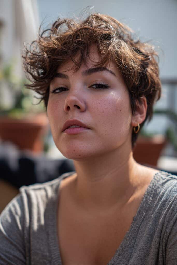 Messy tousled pixie hairstyle for fat face and thin hair