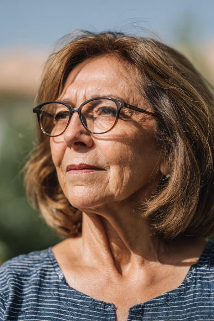 Mid-length haircut with face-framing layers for women over 70 with glasses
